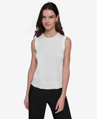 KARL LAGERFELD PARIS - Women's Embellished-Neck Sleeveless Knit Top