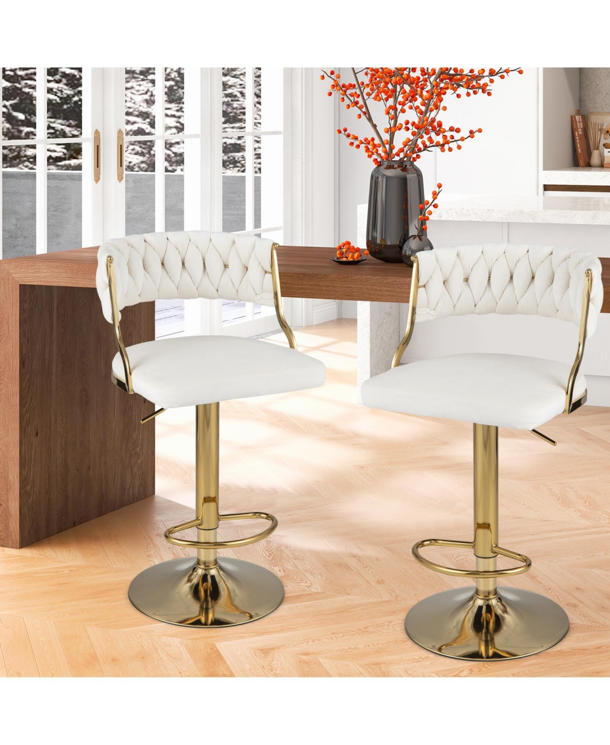 Sugift Swivel Barstool with Woven Back Set of 2 for Kitchen Island Cafe- White