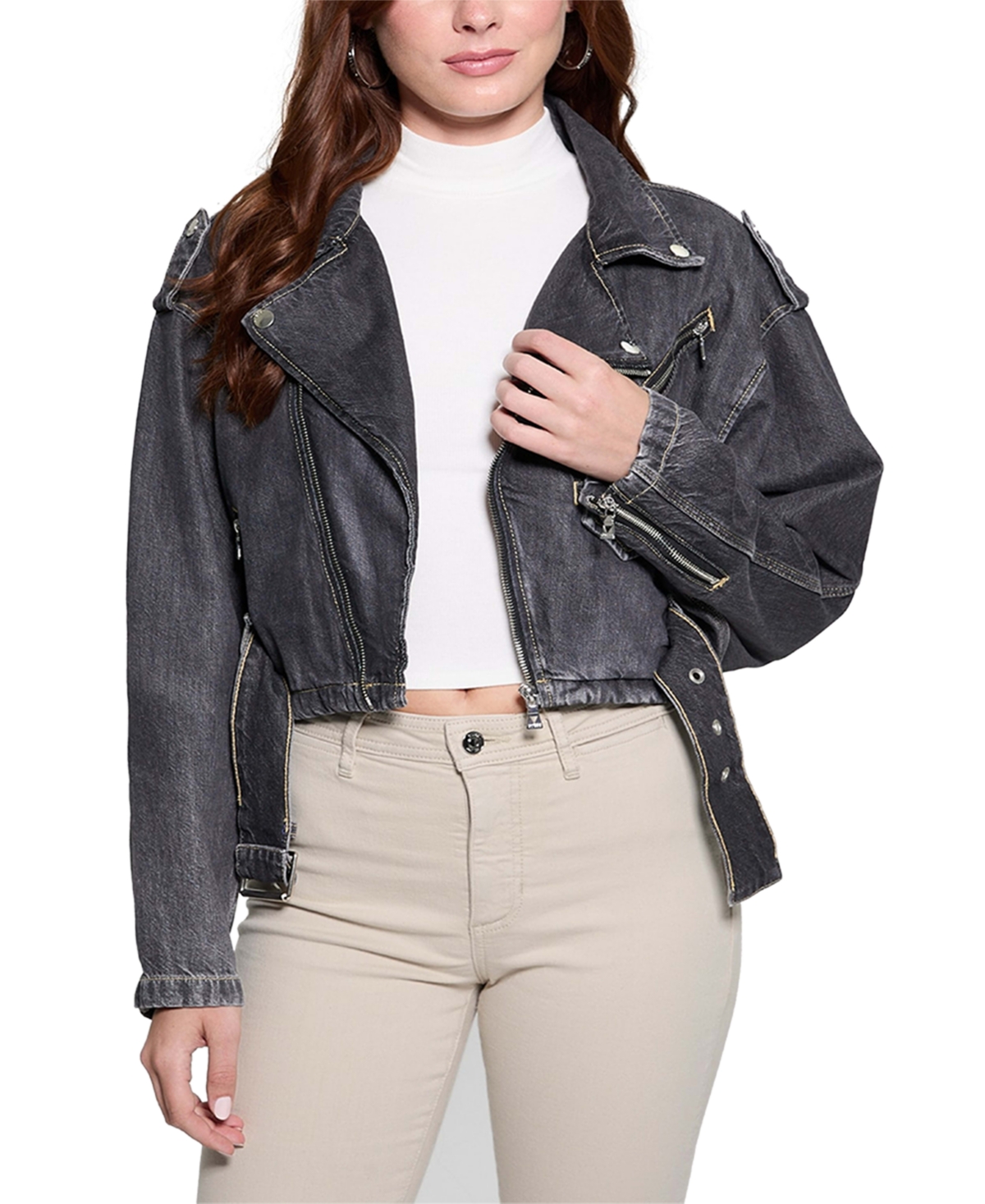 Shop Guess Women's Cropped Belted-hem Denim Moto Sandy Jacket In Tokyo Black