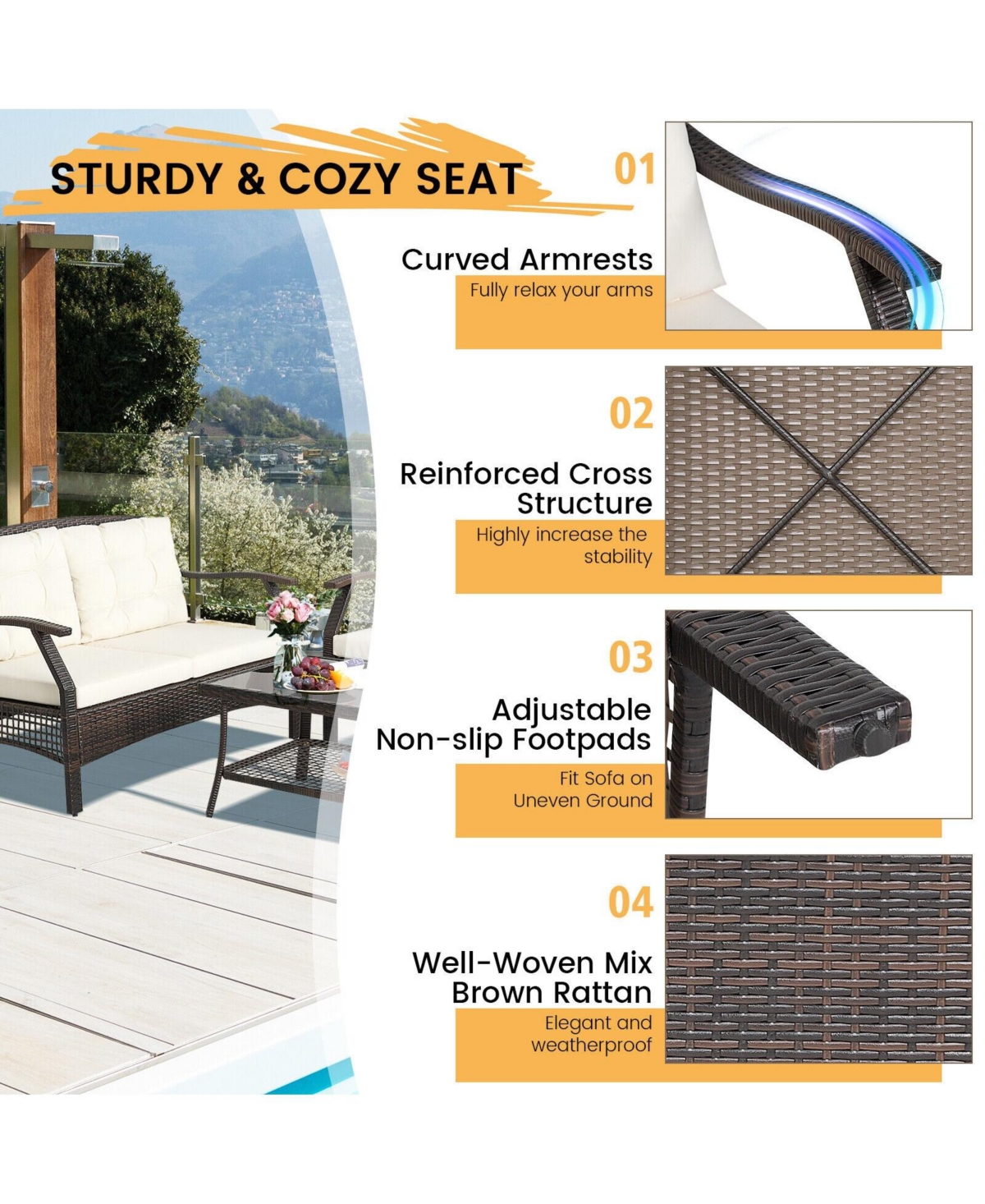 Sugift 4 Pieces Outdoor Rattan Conversation Set with Protective Cover