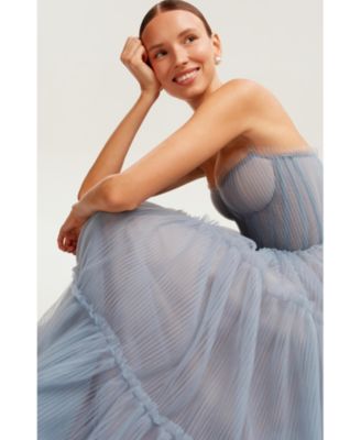 Women's Cloudy Blue Tulle Maxi Dress With Ruffled Skirt
