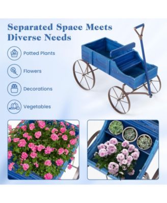 Wooden Wagon Plant Bed with Metal Wheels for Garden Yard Patio