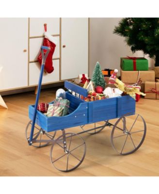 Wooden Wagon Plant Bed with Metal Wheels for Garden Yard Patio