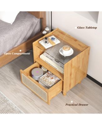 Bamboo Rattan Nightstand with Drawer and Solid Wood Legs-Natural