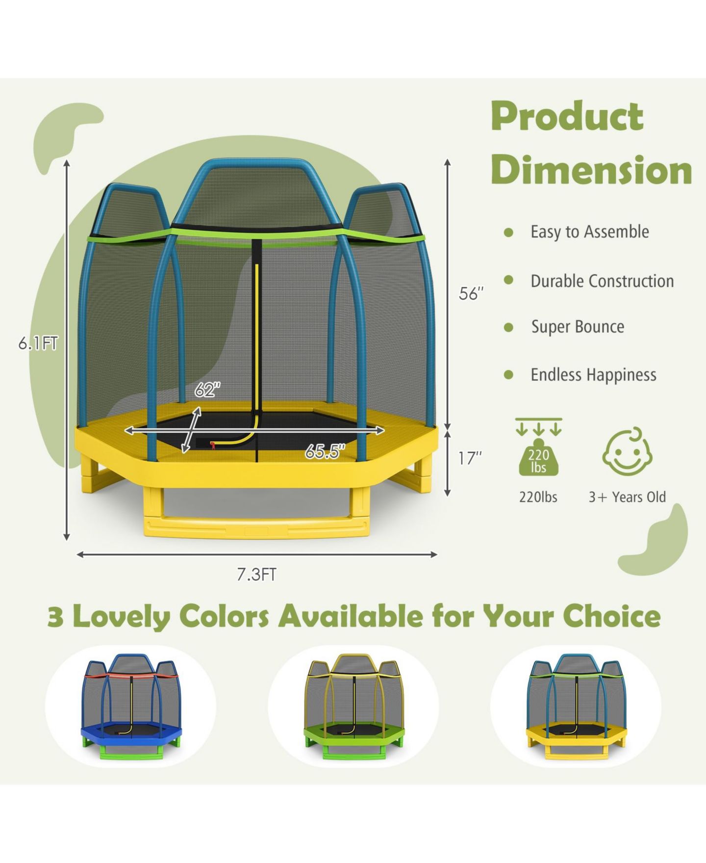 Детская игрушка SUGIFT 7' Indoor/Outdoor Enclosure Net Trampoline, 1-3 Player Capacity, Ages 3+ — фото 3