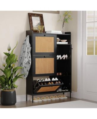 Cabinet Rattan Shoe Natural Rattan Freestanding Shoe Cabinet with 4 Open Storage Side Cabinet, Hidden Wood Shoe Rack, Rattan Shoe Storage Cabinet, for Entryway, Living Room, Porch,Black