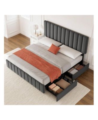 Bed Frame With 4 Storage Drawers And Adjustable Headboard, Linen Upholstered Platform Bed Frame With Wooden Slats Support, No Box Spring Needed