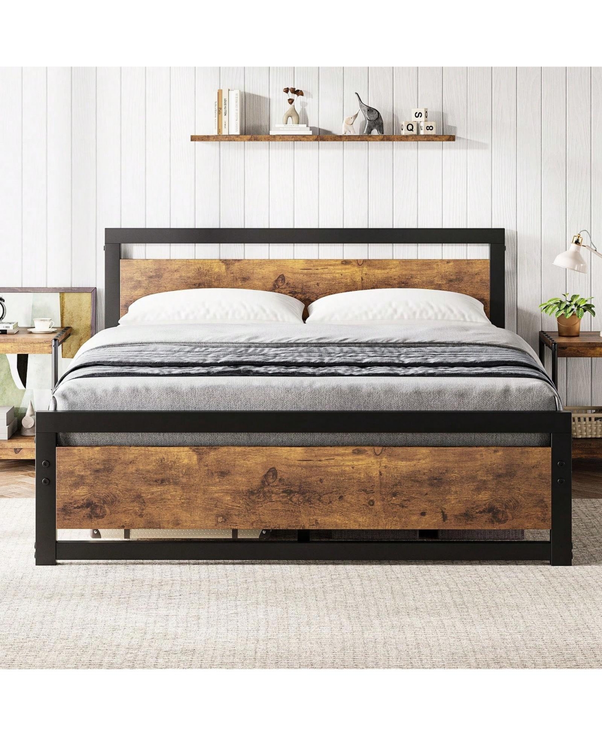 gaomon Bed Frame With Headboard, Industrial Platform Bedframe No Box Spring Needed, 14 Inch Metal Mattress Frame Noise Free, Rustic- Brown