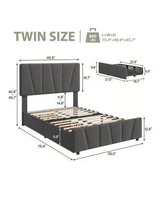 Bed Frame With Storage Drawers And Headboard, Upholstered Platform Bed Frame With Wooden Slats Support, No Box Spring Needed