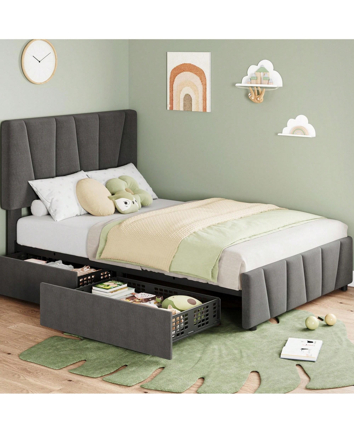 gaomon Bed Frame With Storage Drawers And Headboard, Upholstered Platform Bed Frame With Wooden Slats Support