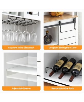70" Farmhouse Coffee Bar Wine Cabinet with Sliding Barn Doors and Storage, Tall Kitchen Hutch