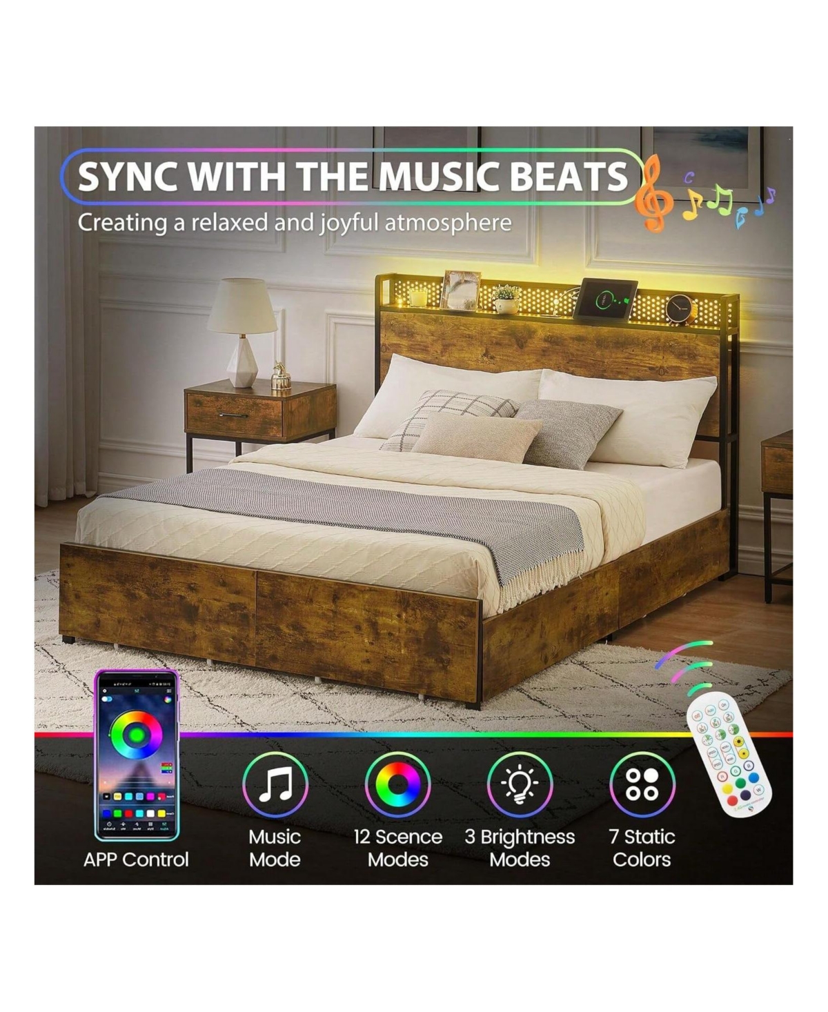 gaomon Platform Bed Frame With Storage Headboard And 6 Storage Drawers,Led Bed Frame With Socket And Usb Port,Batten Bracing,No Spring Box Neede