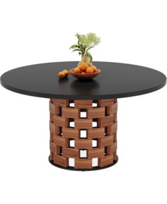 Round Dining Table for 4–6, 47" Farmhouse Kitchen Table with Wood Block Base for Dining Room, Living Room, or Kitchen