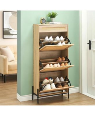 Natural Rattan 3 Flip Door Shoe Cabinet, Modern Shoe Rack Storage Organizer with Drawer and 3-Tier Adjustable Shelves, Freestanding Shoe Cabinet Organizer for Entryway, Oak