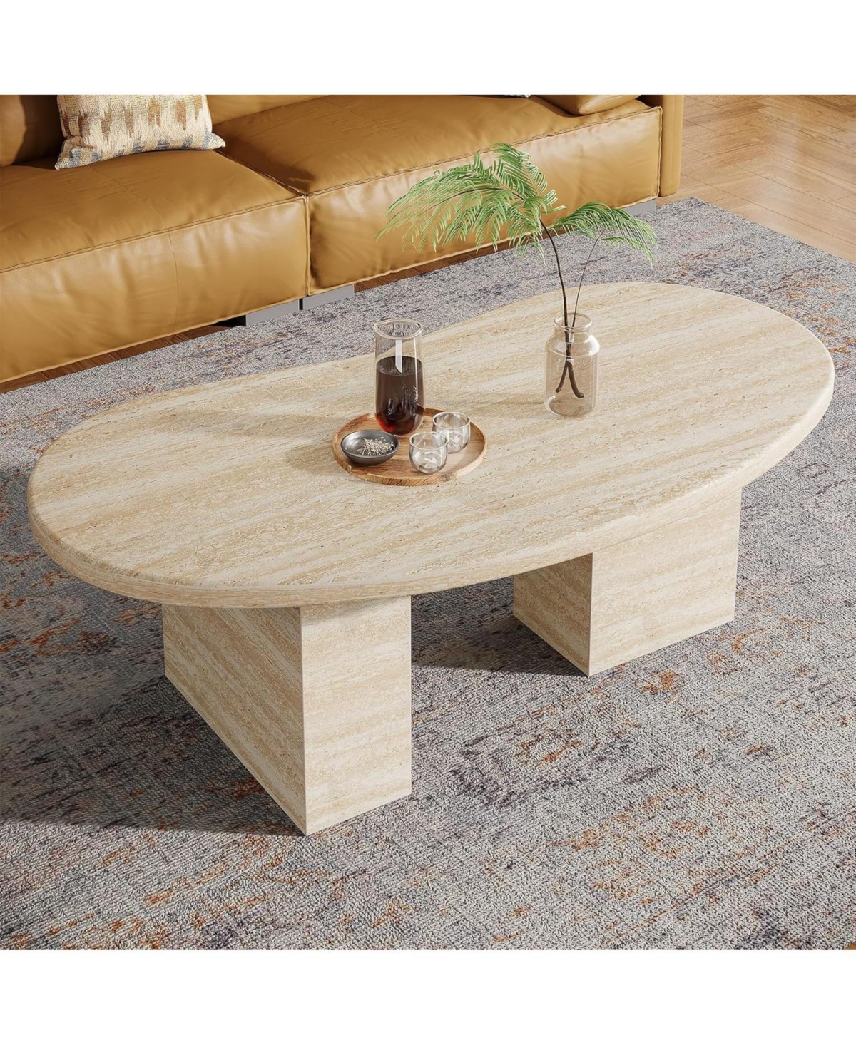 Tribesigns Oval Coffee Table for Living Room, Large Modern Coffee Table, All-Wood Center Table with Asymmetric Pedestal Legs, Oak
