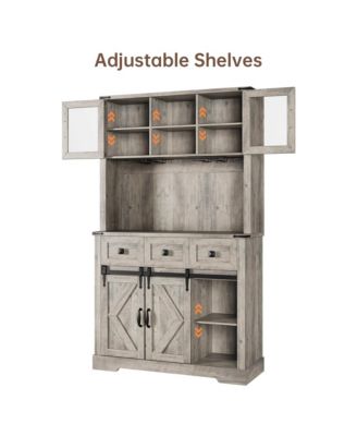 72" Farmhouse Bar Cabinet with Sliding Barn Door, Tall Kitchen Buffet with Storage Hutch and 3 Drawer