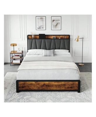 Bed Frame With 4 Storage Drawers And Linen Upholstered Headboard,Platform Bed Frame With Charging Station, No Box Spring Needed, Easy Assembly, Vintage Brown