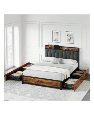 Bed Frame With 4 Storage Drawers And Linen Upholstered Headboard,Platform Bed Frame With Charging Station, No Box Spring Needed, Easy Assembly, Vintage Brown