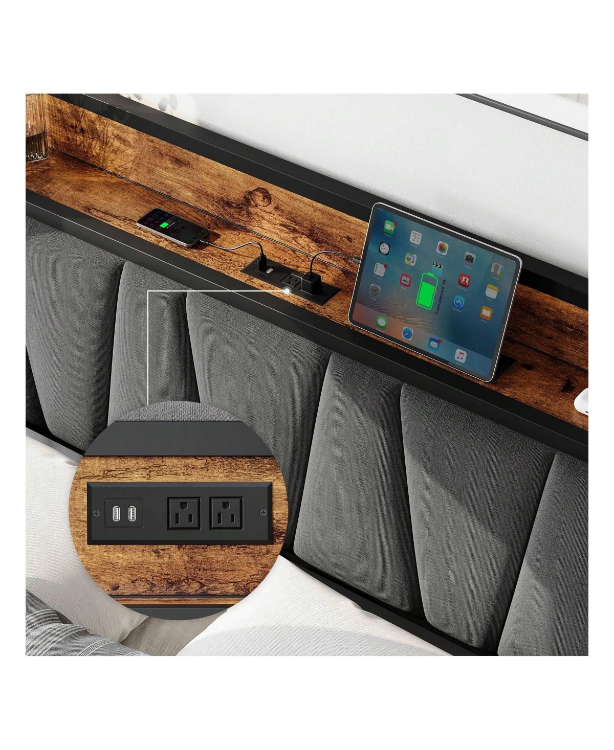 gaomon Bed Frame With 4 Storage Drawers And Linen Upholstered Headboard,Platform Bed Frame With Charging Station, No Box Spring Needed, Easy Assembly