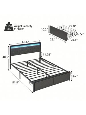 Bed Frame With 2 Storage Drawers, Bed Frame With LED Lights Headboard, Upholstered Platform Bed No Box Spring Needed, Easy Assembly