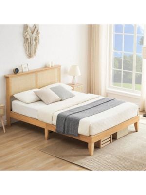 Rattan Bed Frame Queen With Natural Rattan Headboard,Queen Bed Frame With LED Lights,Rattan Queen Bed Frame With Headboard,Solid Wood Foundation With Silent Slats,No Box Spring Needed