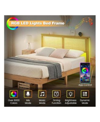 Rattan Bed Frame Queen With Natural Rattan Headboard,Queen Bed Frame With LED Lights,Rattan Queen Bed Frame With Headboard,Solid Wood Foundation With Silent Slats,No Box Spring Needed