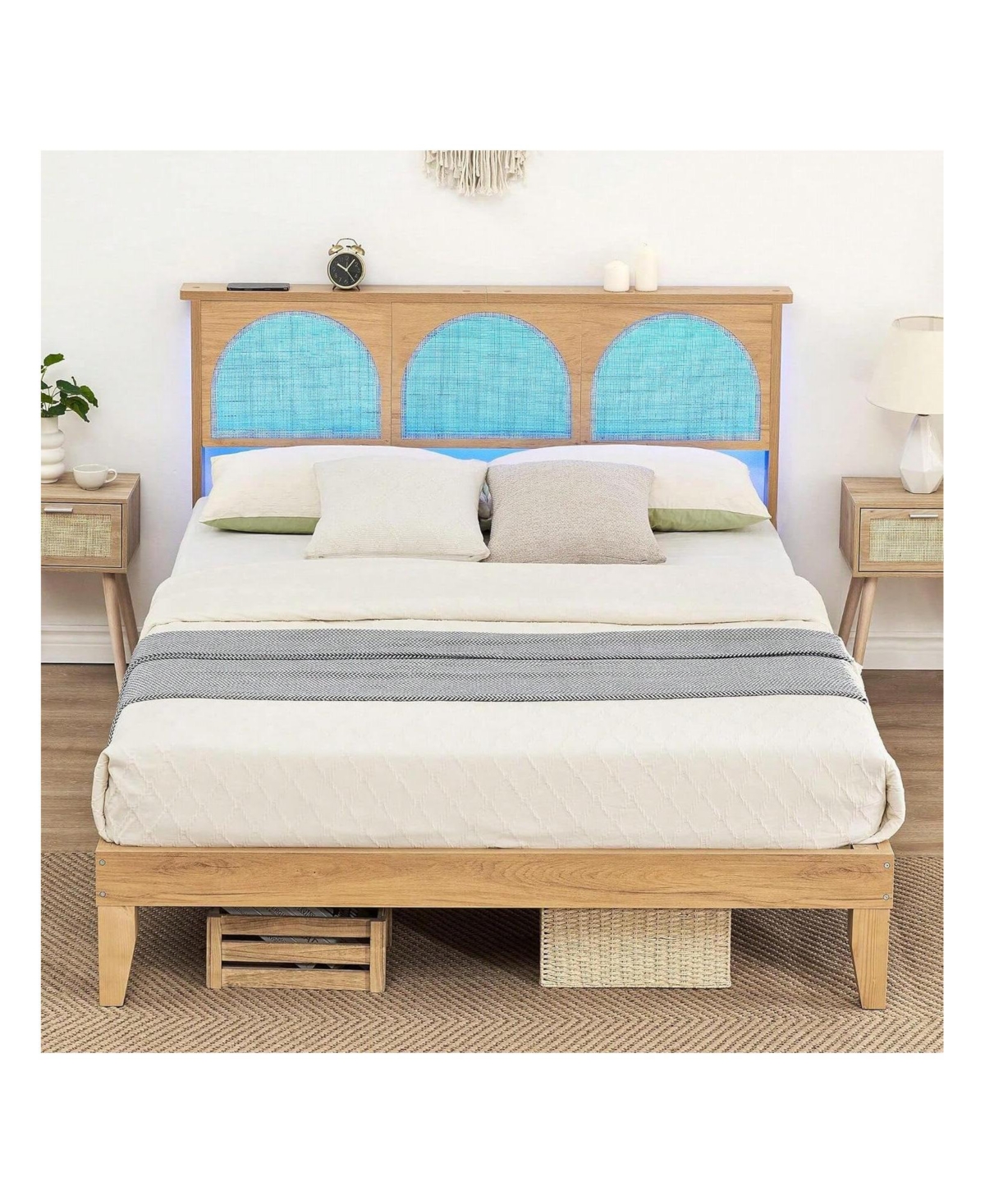 gaomon Full/Queen Bed Frame With Rattan Headboard, Boho Cane Platform Bed Frame With Led Lights