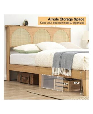 Full/Queen Bed Frame With Rattan Headboard, Boho Cane Platform Bed Frame With LED Lights, Solid Wood Foundation With Wood Slat Support/No Box Spring Needed/Easy Assembly/Noise-Free
