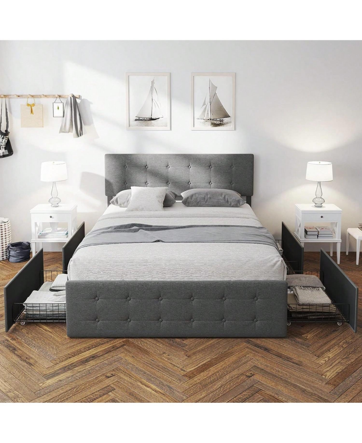 gaomon Full/Queen Size Bed Frame With 4 Storage Drawers And Adjustable Headboard, Linen Upholstered Platform Bed Frame, Diamond Stitched Button Tufted