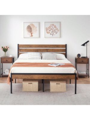 Full/Queen Bed Frame, Bed Frame With Wooeden Headboard And Footboard, Platform Bed Frame With Underbed Storage Space, Rustic Country Style, No Box Spring Needed