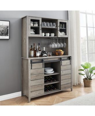 70" Farmhouse Coffee Bar Wine Cabinet with Sliding Barn Doors and Storage, Tall Kitchen Hutch