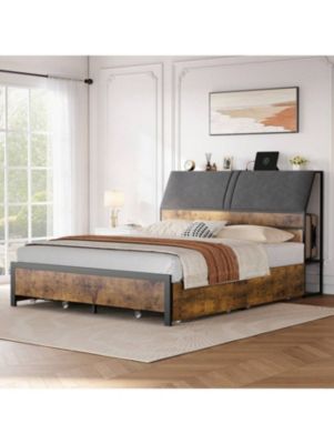 Full/Queen Size Vintage Style Bed Frame, Ergonomic Large Storage Bed With Four Under-Bed Drawers, Provides Superior Under-Bed And Backrest Storage Space, Comfortable Upholstered Backrest, No Box Spring Mattress Required,No Noise