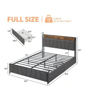 Bed Frame With Storage Headboard And 2 Drawers, Linen Upholstered Platform Bed Frame With Charging Station, Heavy Duty, No Box Spring Needed, Easy Assembly, Noise Free