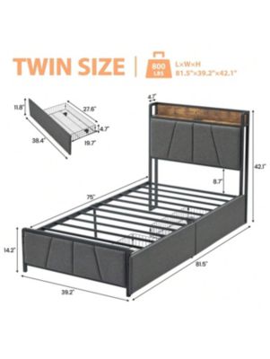 Bed Frame With Storage Headboard And 2 Drawers, Linen Upholstered Platform Bed Frame With Charging Station, Heavy Duty, No Box Spring Needed, Easy Assembly, Noise Free