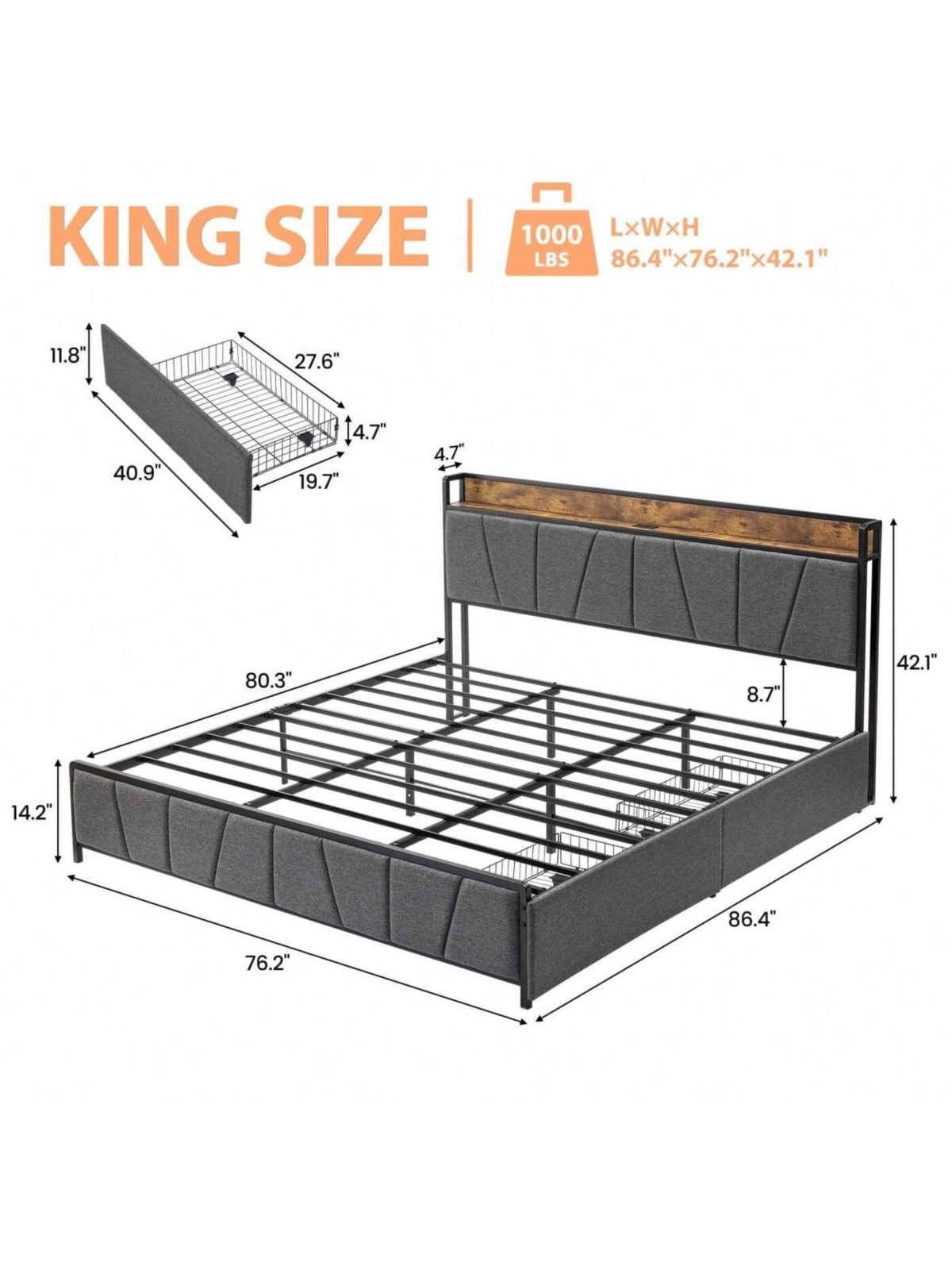 gaomon Bed Frame With Storage Headboard And 2 Drawers, Linen Upholstered Platform Bed Frame With Charging Station, Heavy Duty, No Box Spring Needed