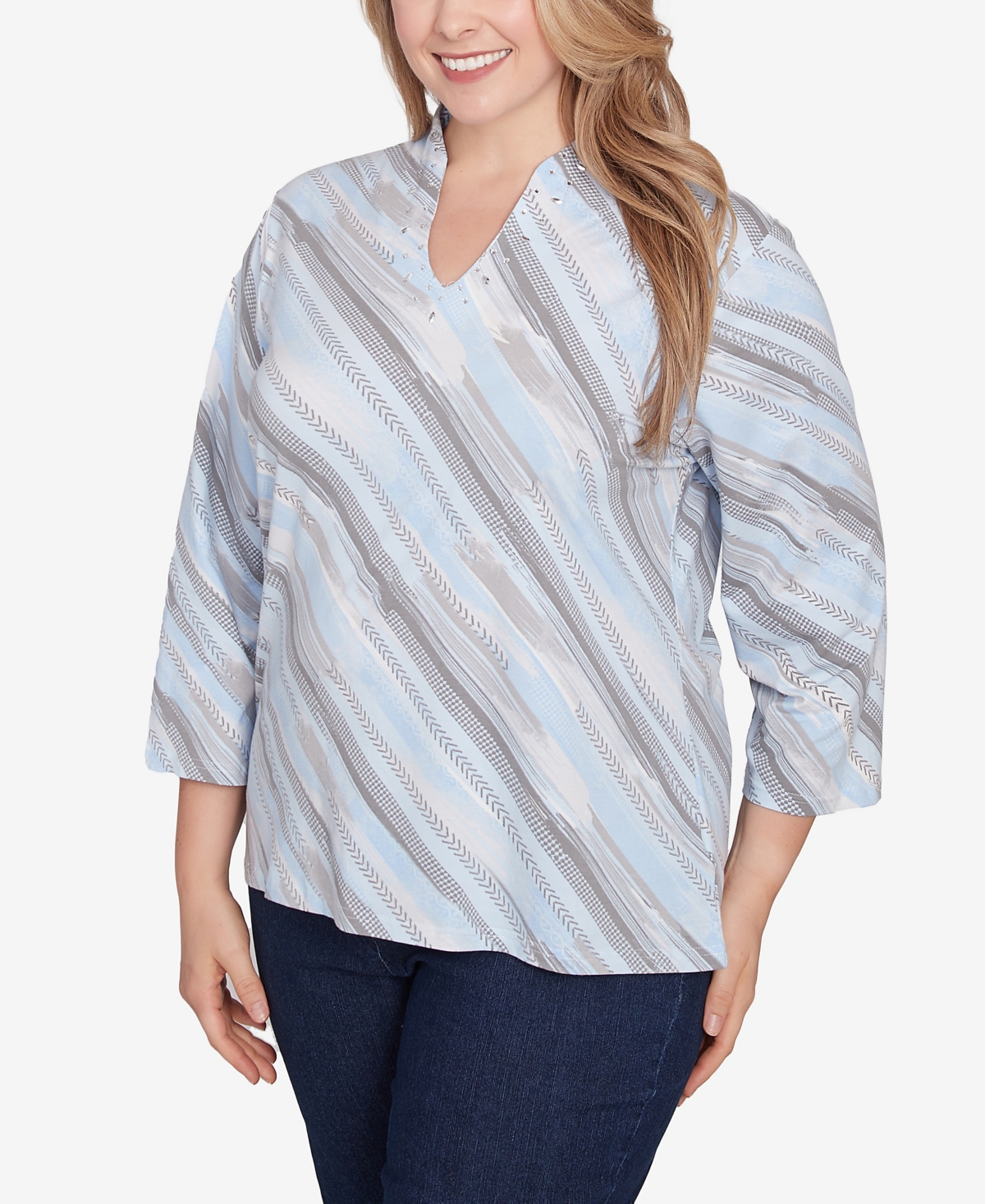 Hearts Of Palm Plus Size Blue My Mind Funnel Neck Embellished Top In Light Blue Multi
