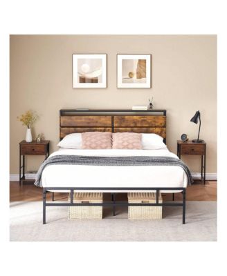 Full Size Metal Platform Bed Frame with Storage, Rustic Vintage Wood Headboard, Strong Metal Slats, Mattress Foundation, No Box Spring