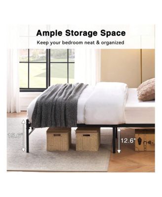 Full Size Metal Platform Bed Frame with Storage, Rustic Vintage Wood Headboard, Strong Metal Slats, Mattress Foundation, No Box Spring