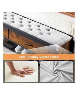 Queen/King Size Metal Bed Frame with 2 Storage Drawers, Open Shelf, Wooden Headboard, Metal Slats Support, Platform Bed Frame