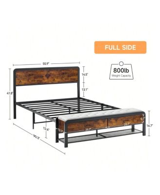 Queen/King Size Metal Bed Frame with 2 Storage Drawers, Open Shelf, Wooden Headboard, Metal Slats Support, Platform Bed Frame