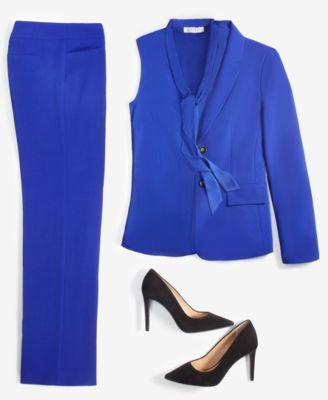 Women's Stretch Crepe Two-Button Blazer, Satin Sleeveless Tie-Front Blouse & Stretch-Crepe Straight-Leg Pants, Regular & Petite Sizes	