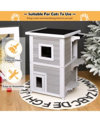 2-Story Wooden Cat House with Escape Door Rainproof