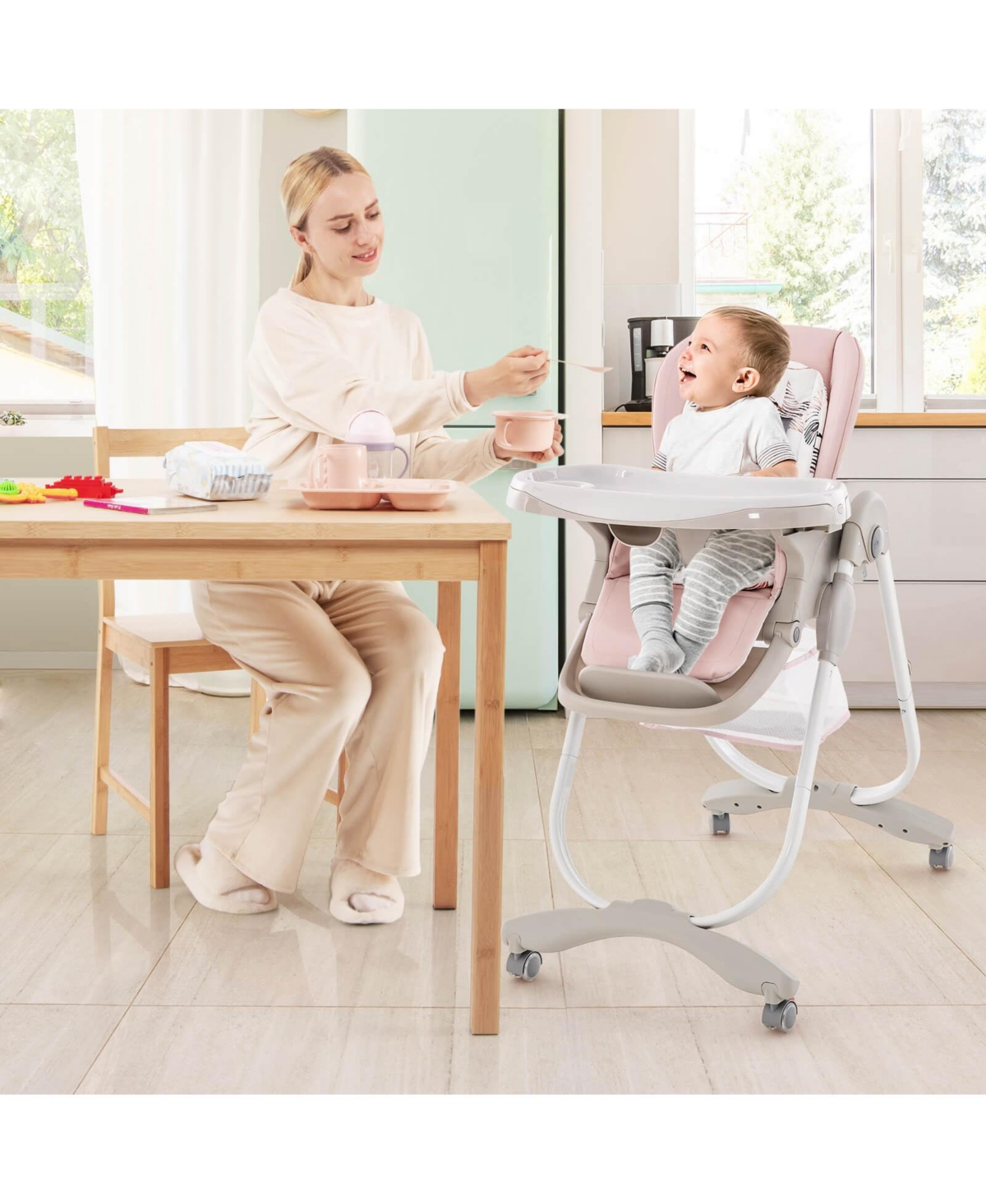 Costway High Chair for Babies & Toddlers with Rolling Wheels Adjustable Height Footrest