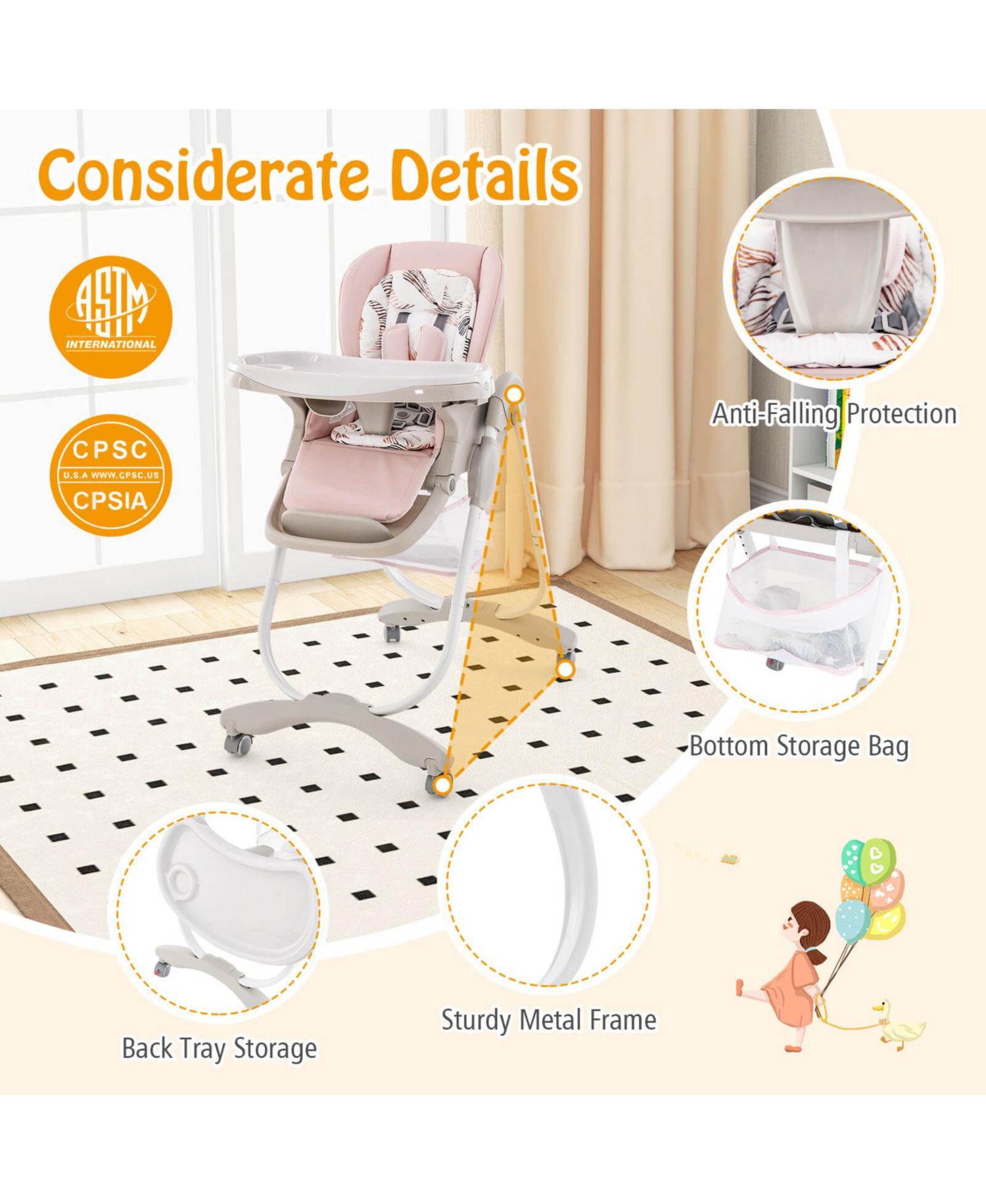Highchair for Babies and Toddlers with Rolling Wheels Adjustable Height Footrest