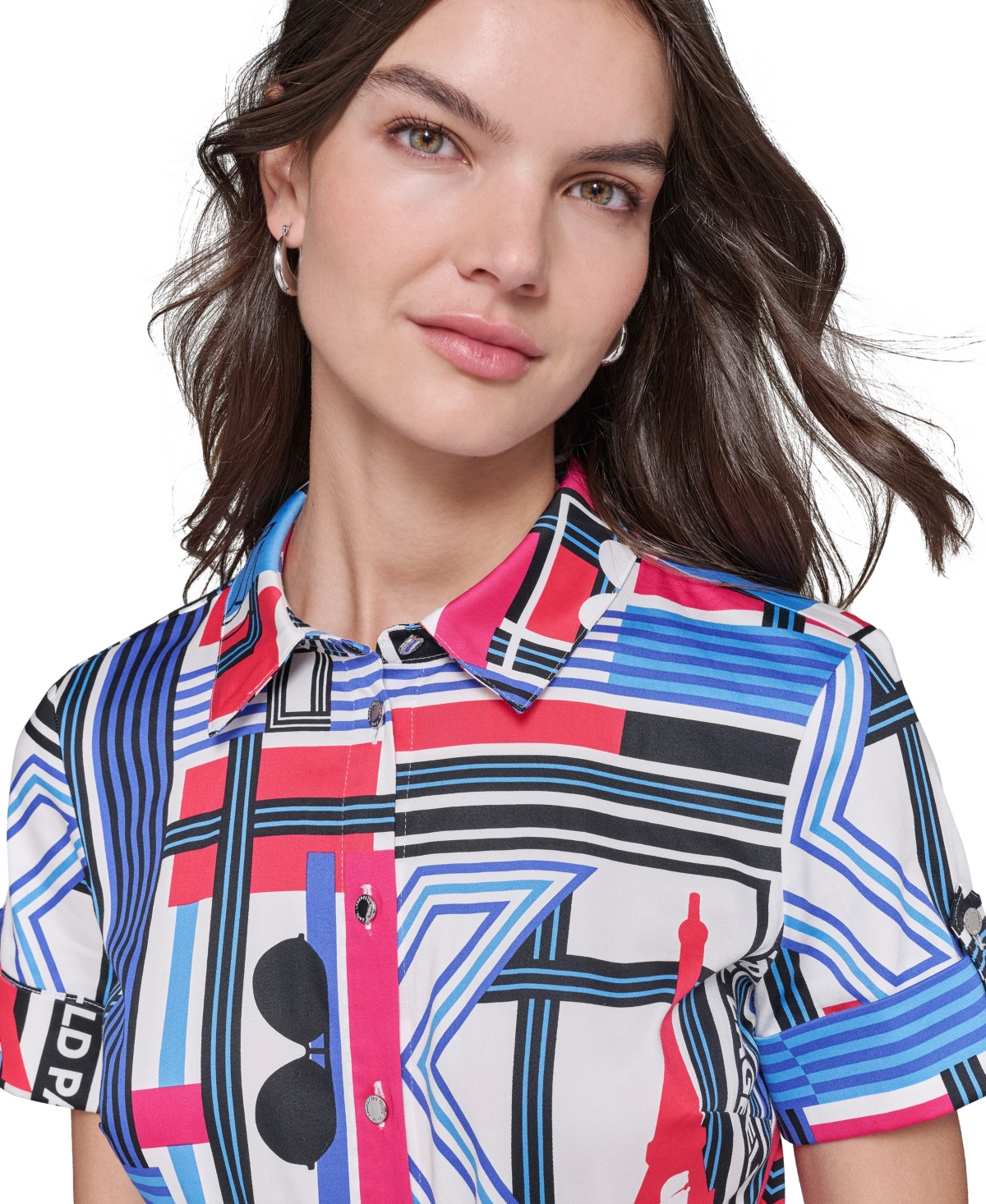 Karl Lagerfeld Paris Women's Printed Short-Sleeve Shirtdress - Soft White  Electric Indigo
