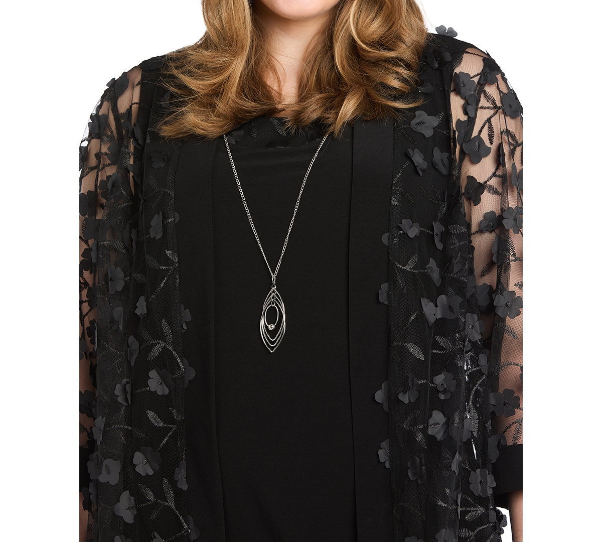 R & M Richards Plus Size 3D Floral Mesh Jacket & Necklace Dress Set