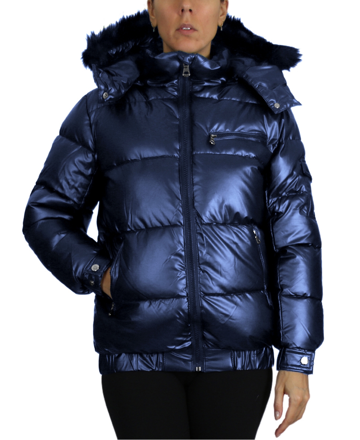 Galaxy By Harvic Women's Full Zip Heavyweight Bubble Jacket With Detachable Faux Fur Hood In Blue