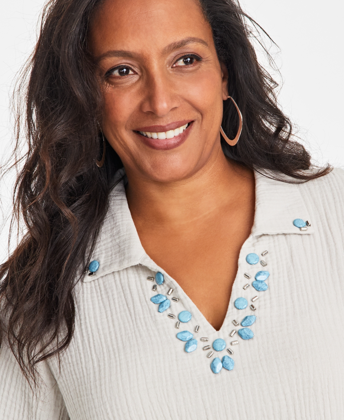 JM COLLECTION PLUS SIZE EMBELLISHED COLLAR COTTON GAUZE TOP, EXCLUSIVELY AT MACY'S 