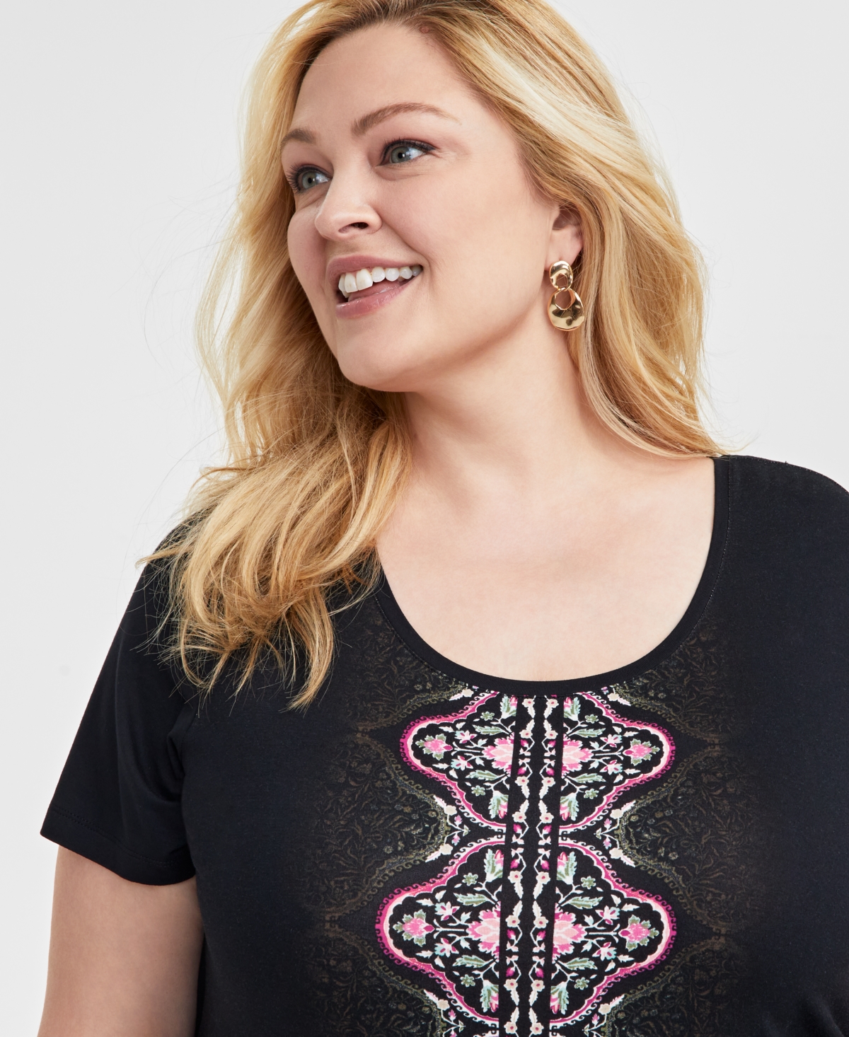 JM COLLECTION PLUS SIZE PRINTED SHORT SLEEVE TOP, EXCLUSIVELY AT MACY'S 