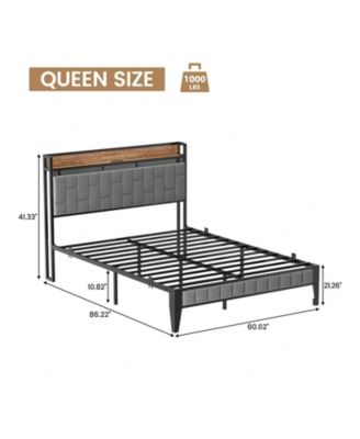 Full/Queen/King Size Bed Frame With Charging Station, LED Bed Frame With Storage Headboard, Upholstered Platform Bed Frame, No Box Spring Needed, Easy Assembly